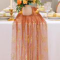 Snowkingdom Fall Thanksgiving Table Runner 10Ft, Gold Maple Leaves Burnt Orange Rust Sheer Tulle Gauze Cheesecloth, Golden Sequin Glitter Dining Table Centerpieces Decorations for Autumn Harvest Party