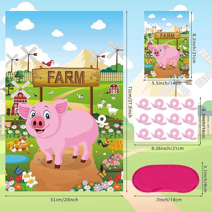 Hooqict Pin The Tail on The Pig Party Game Farm Birthday Party Games for Kids Farm Animal Party Decorations Pig Party Supplies, Large Pin The Tail Game Poster with 36 Tail Stickers