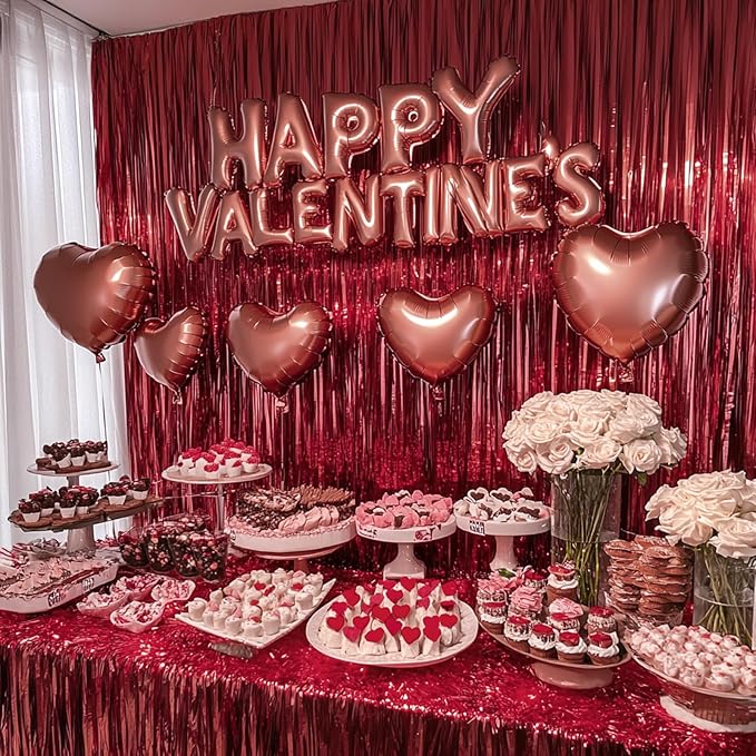 PartyWoo Red Streamers Fringe Curtain Backdrop 2pcs 8.2 ft Red Tinsel Foil Backdrop for Birthday Graduation Bachelorette Citizenship Strawberry Cherry Casino Movie Marry Me Theme Party Decorations