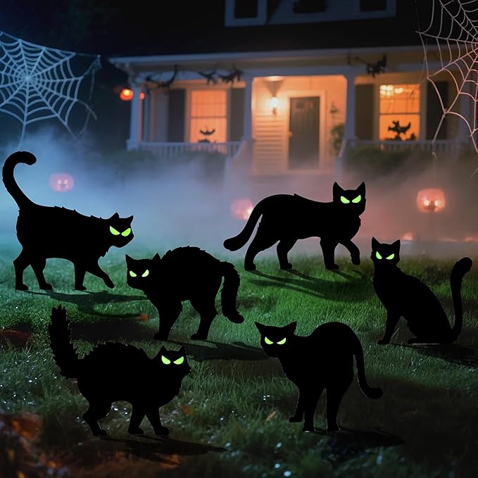 JOYIN 6 Pcs Halloween Yard Signs Decorations Outdoor, Halloween Black Cat Stakes with Glow in Dark Eyes, Scary Silhouette Decor for Pathway Graveyard Yard Garden Lawn Patio Party Supplies