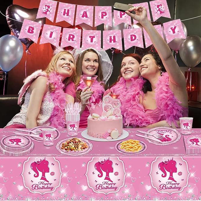 194 Pcs Pink Princess Party Supplies Kit for 24 Guests - Disposable Tableware Set with Plates Napkins Cups Cutlery Tablecloth & Banner, Ideal for Girls' Birthday Decorations
