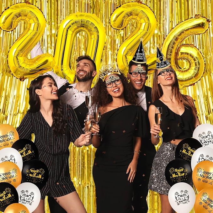 Happy New Year Party Decorations Supplies 2026- Hats, Banner, Glasses, Foil Balloon and Fringe Curtains, New Years Eve Black and Gold Party Decorations