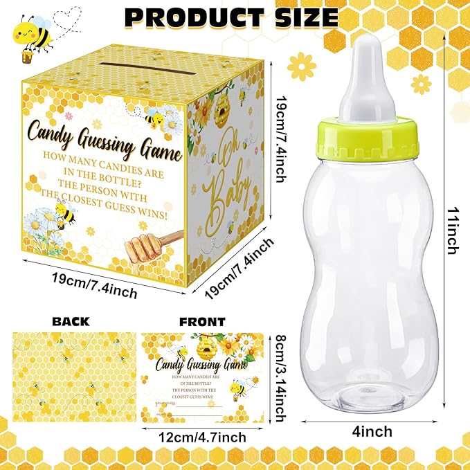 Glenmal 52 Pcs Baby Shower Games Gift Sets Large Baby Bottle for Shower Game Guess How Many Candies Decorations for Gender Reveal(Sweet As Can Bee)
