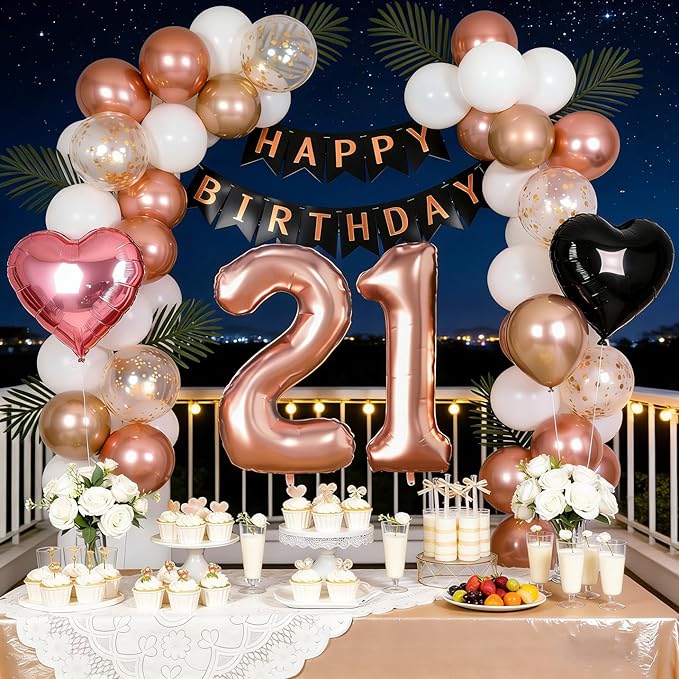 21st Birthday Decorations for Women - Rose Gold, Black and Hot Pink Party Supplies Set with Happy 21st Banner, Number 21 Balloons and Foil Fringe Curtains - 21 Year Old Celebration Kit