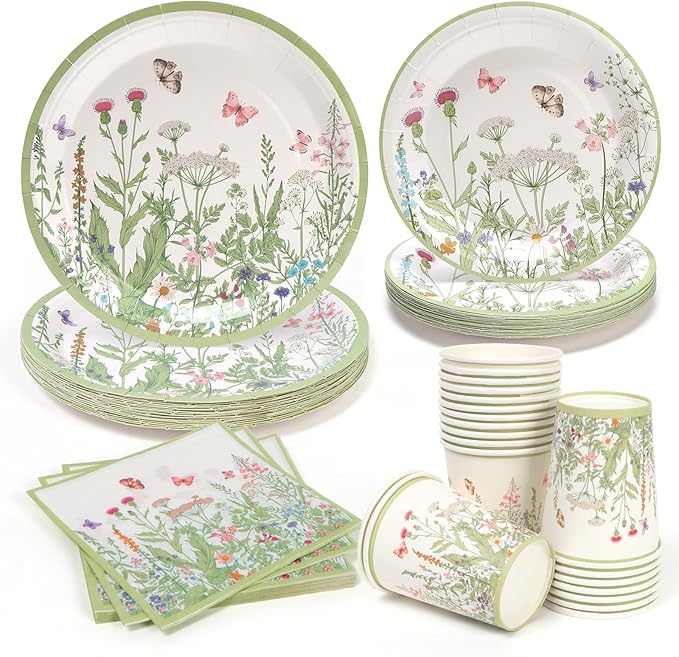 80pcs Wildflower Party Plates Disposable Tableware Set Green Paper Plates for 20 Guests Kids Party Spring Summer Picnic Wedding Tea Party Table Supplies (Include Plates, Cups and Napkins)