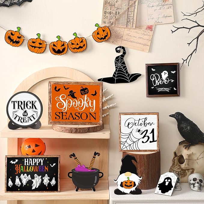 14 Pcs Halloween Tiered Tray Decor Set Cute Halloween Wooden Signs Rustic Pumpkin Farmhouse Gnomes Boo Wizard Trick or Treat Blocks Table Sign for Party Favors