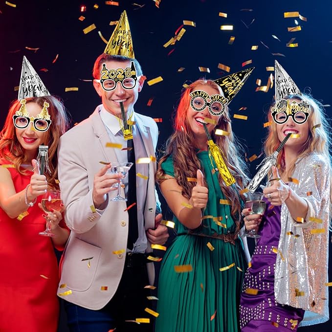 Openfly 36Pcs New Years Eve Party Supplies 2026 Happy New Year Hats Headband Tiara Noise Makers Paper Glasses Party Favors
