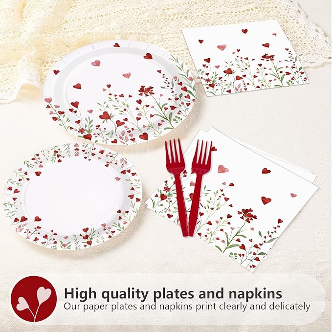 96 Pcs Floral Decorations Disposable Love Heart Flowers Paper Plates and Napkins Watercolor Lovely Flowers Tableware Set for Spring Anniversary Wedding Supplies, Serves 24
