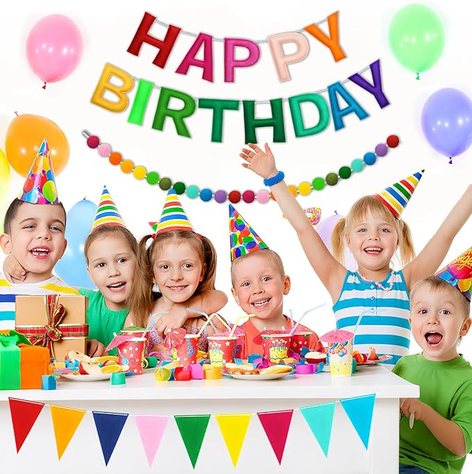 Happy Birthday Banner Decorations - Pre-Strung 3D Felt HAPPY BIRTHDAY Sign for Party Decor | Rainbow Reusable Happy Birthday Garland, Ball, Pennant Flag (1-Rainbow)