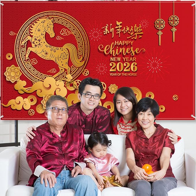 Sumind 72.8 x 43.3 Large Chinese Lunar New Year Decoration 2026 Backdrop, Year of The Horse Background Banner for Holiday Chinese Spring Festival Party