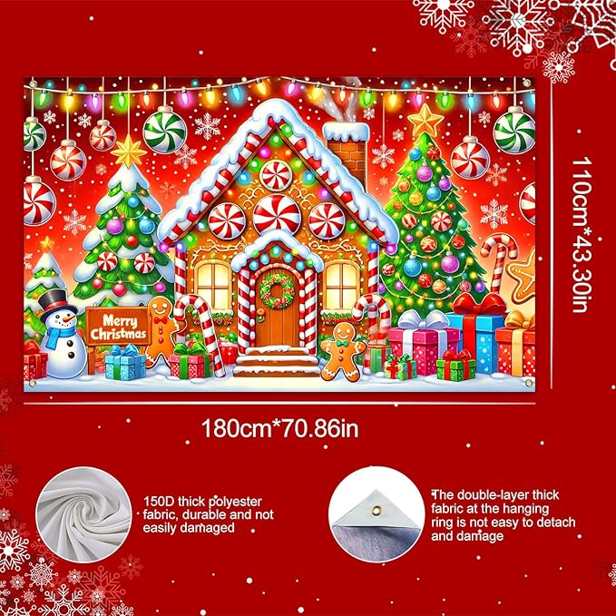 Gingerbread House Backdrop 71x43 Inches Christmas Candy Scene Banner Holiday Party Photo Background Merry Christmas Backdrop for Photography Indoor Outdoor Winter Decorations
