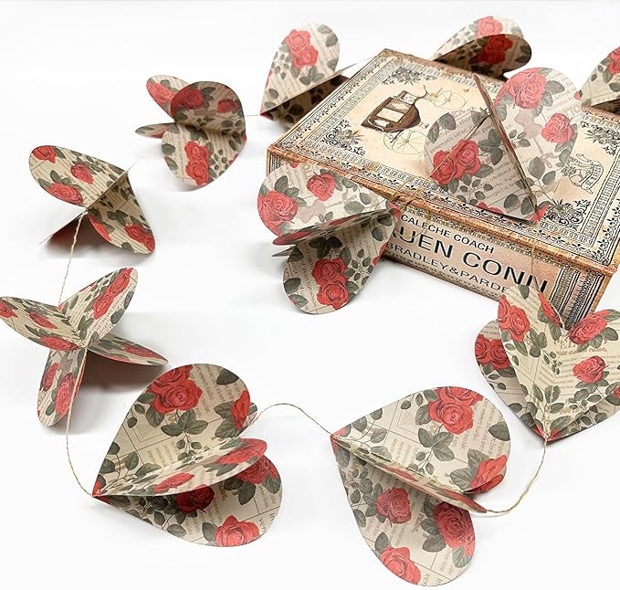 Heart Party Decorations Vintage Red Rose 3D Love Heart Newspaper Hanging Floral Recycled Book Garland Streamer Banner for Valentines Day Anniversary Birthday Wedding Engagement Holiday Party Supplies