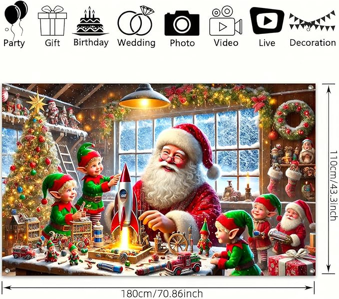 Christmas Banner Santa Claus Elves Workshop Rocket Toy Christmas Tree Stockings Garland Winter Snow Scene 71x43 Inches Indoor Outdoor Holiday Party Decoration