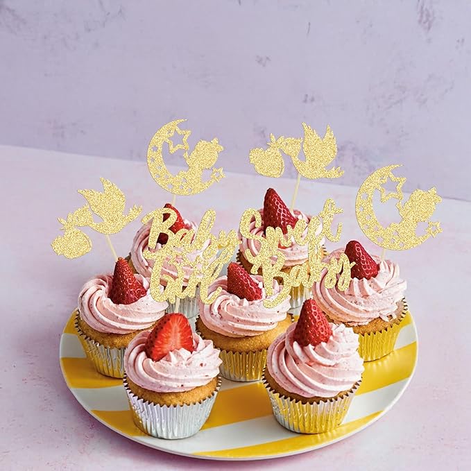 24Pcs Babyshower Girl Cupcake Toppers Glitter Moon Star Sweet Baby Gender Reveal Cupcake Picks Baby Shower Kids Girls Birthday Party Cake Decorations Supplies Gold