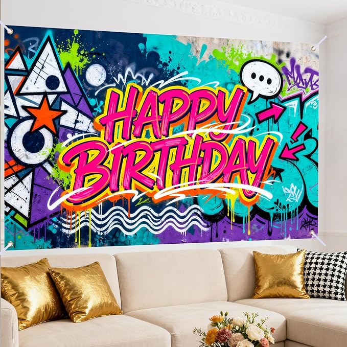 Neon Graffiti Art Happy Birthday Banner, Large Street Art Backdrop for Teen Adult Party Decor