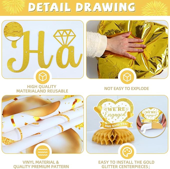 Gold Engagement Party Decorations Just Engaged Decorations Happy Engagement Banner Backdrop Banner Hanging Swirls for Married Decorations Congratulations Wedding Bachelorette Party Decorations