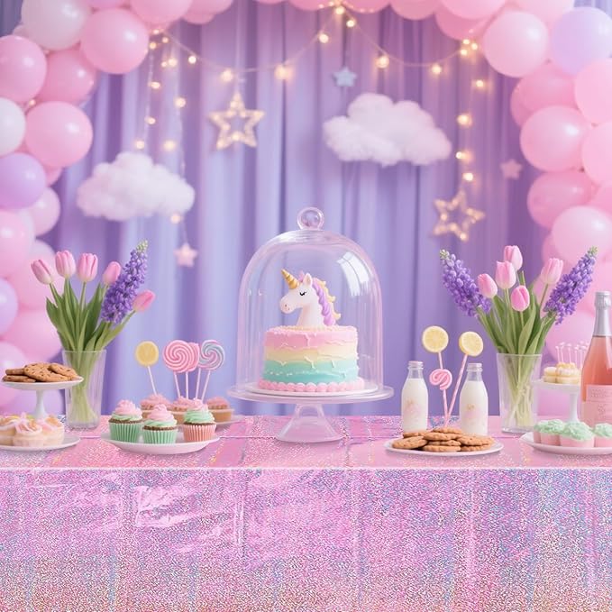 4Pcs Pink Holographic Tablecloths Rectangular Pink Iridescent Tablecloth Shimmer Metallic Table Covers for Girls Princess Wedding Witch Theme Birthday Party Decorations, 54x108Inch