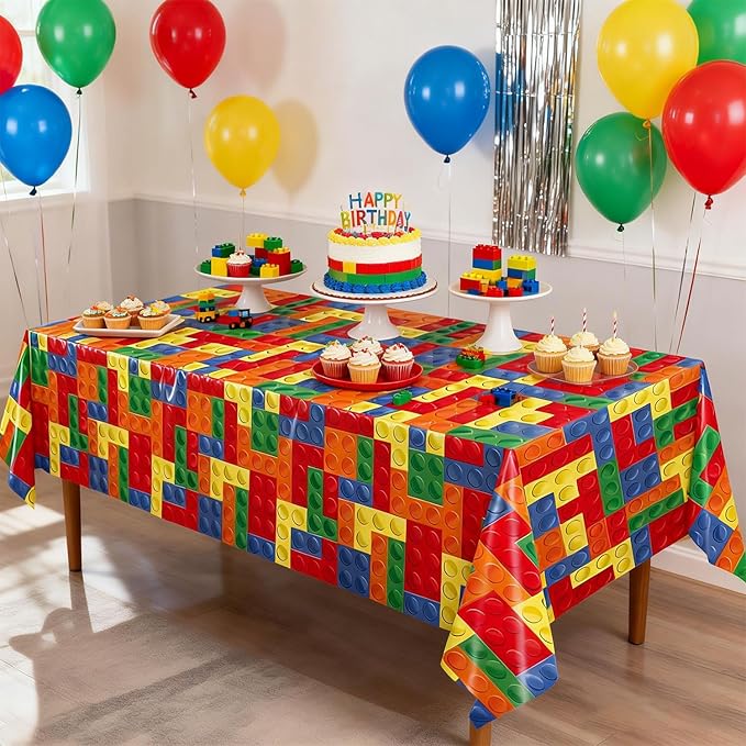 4 Pack Building Block Party Tablecloths, Colorful Blocks Bricks Disposable Plastic Table Covers for Kids’ Block-Themed Birthday Party Supplies, 54 × 108 Inches