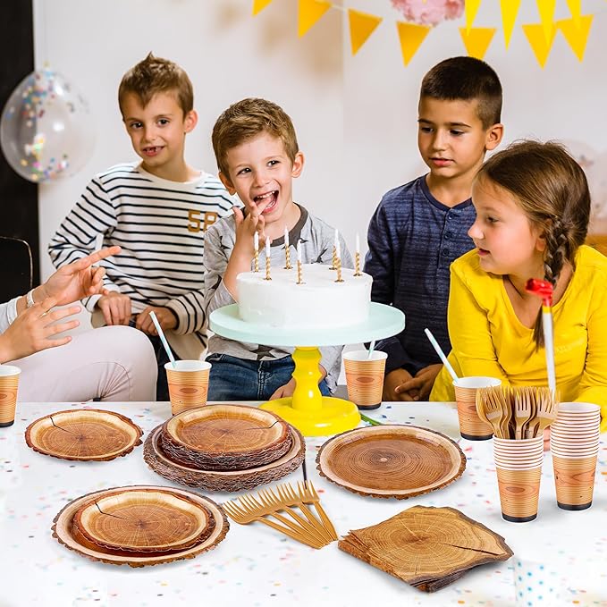 durony 144 Pieces Camping Wood Grain Slice Dinnerware Set Rustic Wood Party Supplies Paper Plates Napkins Serve 24 for Forest Themed Party Decorations Camping Birthday Supplies