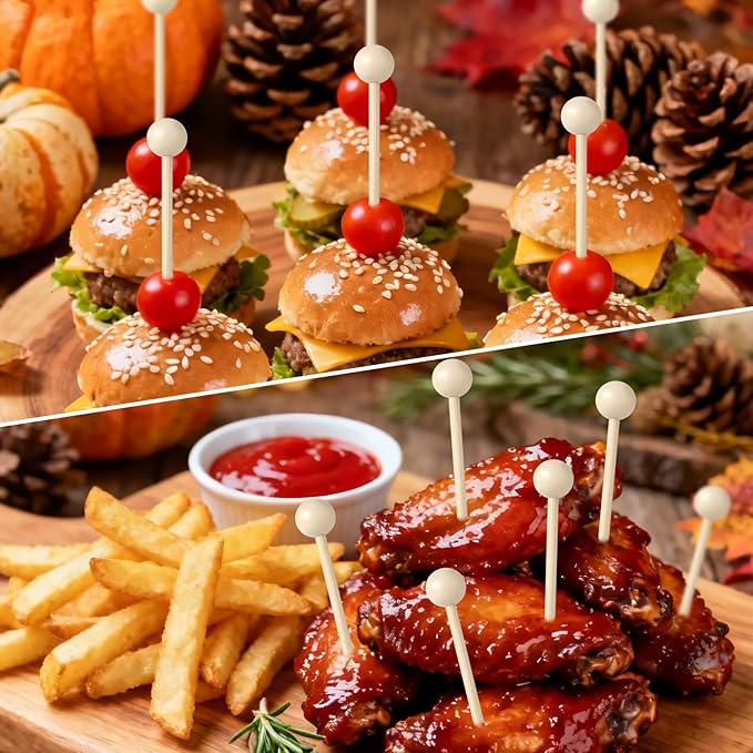 100 Pcs Ball Toothpicks, 5.3 Inch Balls Cocktail Picks for Appetizers, Round Bamboo Toothpicks, Wooden Decorative Toothpicks Skewers for Holiday Birthday Party Decorations (Ball)