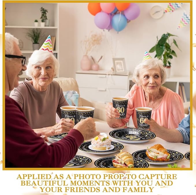 Pickmesh 250 Pcs 60th Birthday Party Supplies Decorations Serve 50 Black Gold Cheers to 60 Years Disposable Paper Plates Napkins and Cups for Women Men 50th Birthday Wedding Anniversary Party Supplies