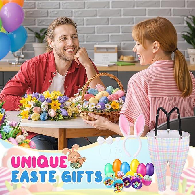 Vinsot 16 Pcs Easter Granny Pants Yard Game Set Oversized Granny Pants with Colorful Easter Eggs, Bowtie, Bunny Ears and Tail, Outdoor Tossing Game Bunny Suit for Spring