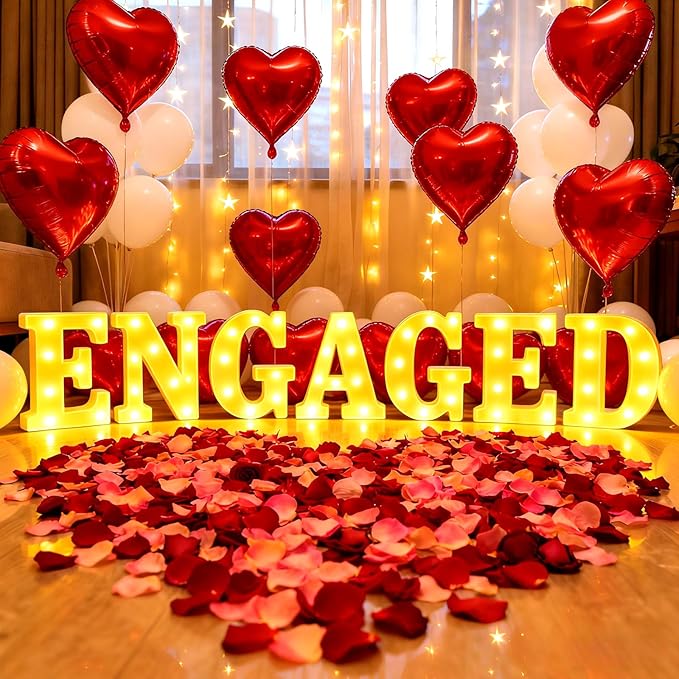 Engagement Party Decorations, Engaged LED Light Up Letters, With Rose Petals, Aluminum Balloons, Round Pearlescent Balloon, Double Sided Tape, for Wedding Engagement Bridal Shower Engaged Party Decor