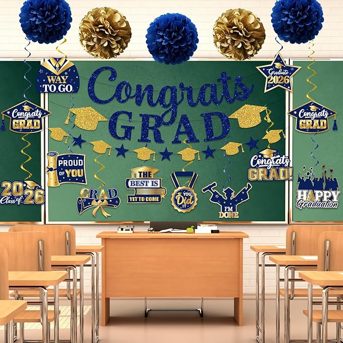 Navy Blue Graduation Decorations, Glitter Congrats Grad Banner Hanging Swirls and Tissue Pom Poms, Navy Blue and Gold Graduation Decorations for Class of 2026 College Graduations Party Decorations