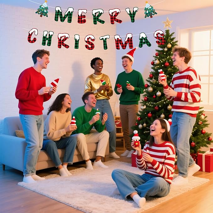 Merry Christmas Banner Indoor, Pre-Strung Mantle Christmas Decor, Buffalo Plaid Xmas Banner with Tree, Merry Xmas Sign for Winter New Year Party Fireplace Hanging Sign Supplies