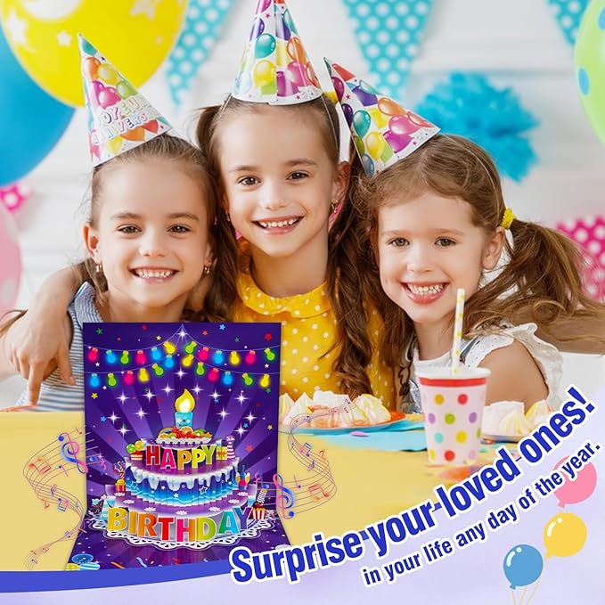 FaCraft 3D Pop Up Musical Birthday Cards for Women Men Kids - Large 7x7 Light Up Birthday Card with Music, Blowable LED Candle, 42s Vocal Song & Fiber Optic Stars with Envelope, Blank Insert, Seal