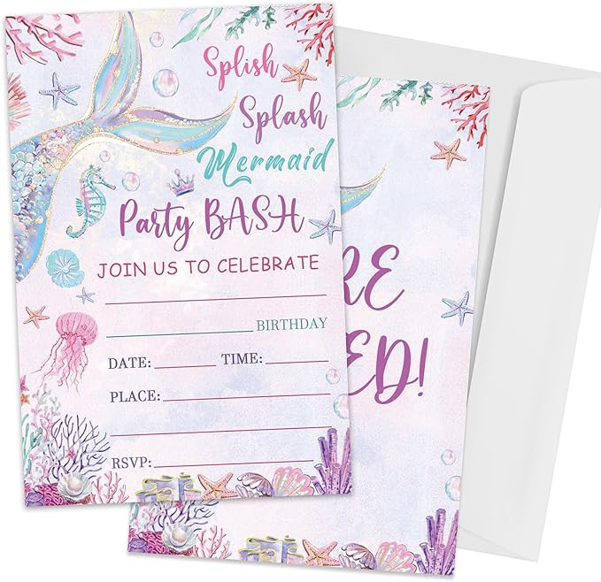 Mermaid Birthday Invitations, Mermaid Under the Sea Invites for Girls Boys, 20 Pcs Double-Sided Fill In Invitations with Envelopes, Birthday Party Favor & Supplies 6 x 4 Inch