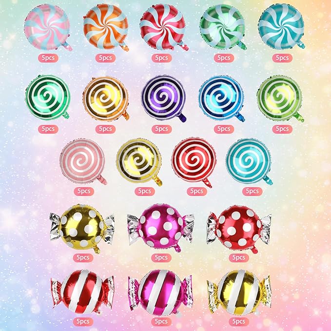 Fowecelt 100 Pcs Sweet Candy Balloons 18" Round Lollipop Aluminum Foil Balloons Helium Floating Mylar Balloon for Kids Girl Candy themed Party Decorations Birthday Wedding Party Supplies