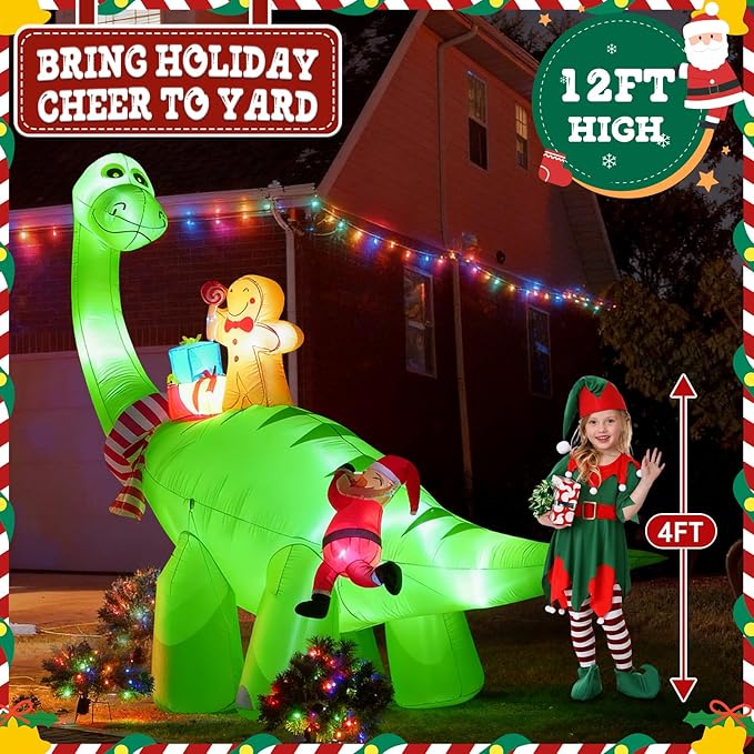 JOYHALO 12FT Giant Christmas Inflatables Dinosaur with Santa Claus, Blow Up Yard Decorations with Bright LED Lights, Christmas Outdoor Inflatables Also for Indoor Lawn Party Decor