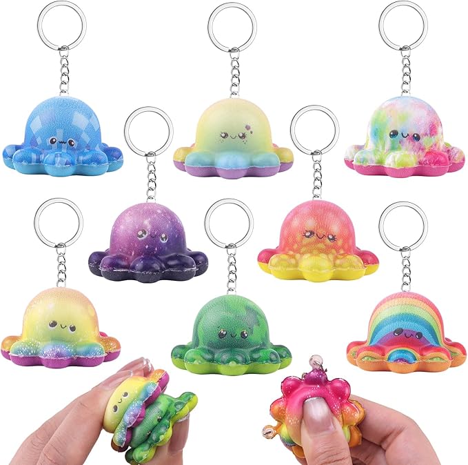 Anboor Octopuses Squishies, 8 Pack Mini Octopi Squeeze Toys for Kids Foam Octopus Squish Keychian Fidget Toys
