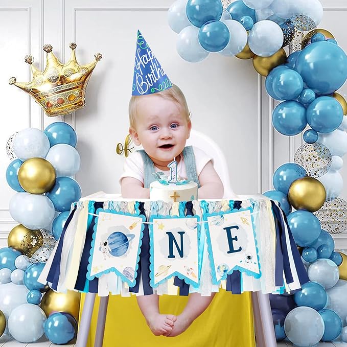 1st Birthday Outer Space High Chair Banner, First Trip Around the Sun Boy First Birthday Party Decor, Astronaut Rocket Space Theme High Chair ONE Banner