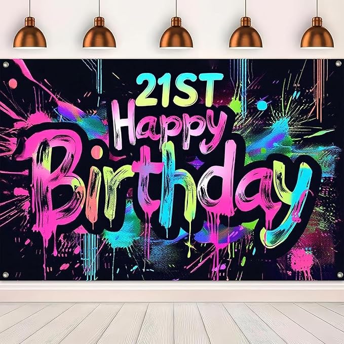 Neon 21st Happy Birthday Banner 71x43 Inch Paint Splatter Glow in The Dark Party Backdrop Colorful Wall Decor for Adults Boys Girls Twenty First Birthday Celebrations Props Event Supplies