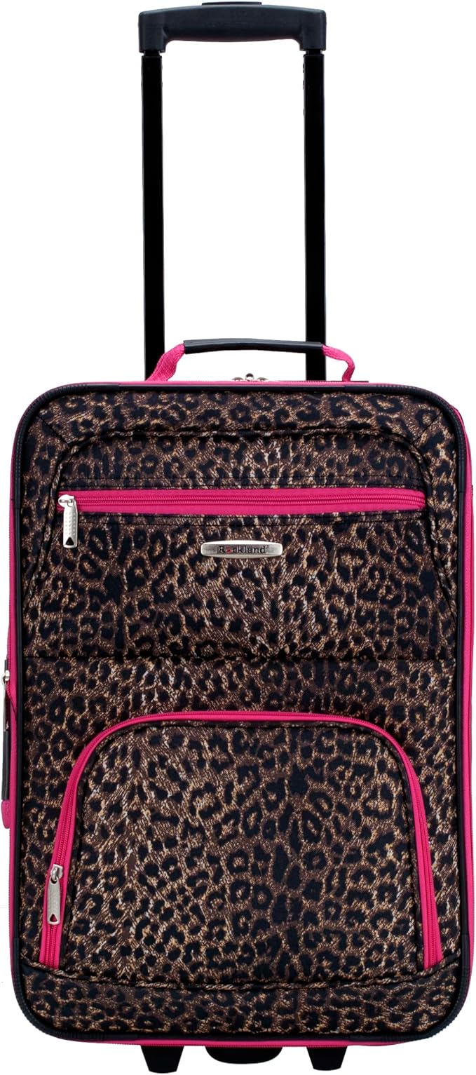 Rockland Fashion Softside 2 Piece Luggage Set, Expandable, (14" Tote/19" Upright), Pink Leopard