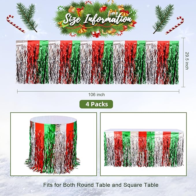 LOLStar Christmas Party Decorations, 4 Pack Red Silver and Green Wavy Metallic Tinsel Foil Fringe Table Skirt for Rectangle & Round Tables, Perfect Table Decorations for Christmas Ugly Sweater Party