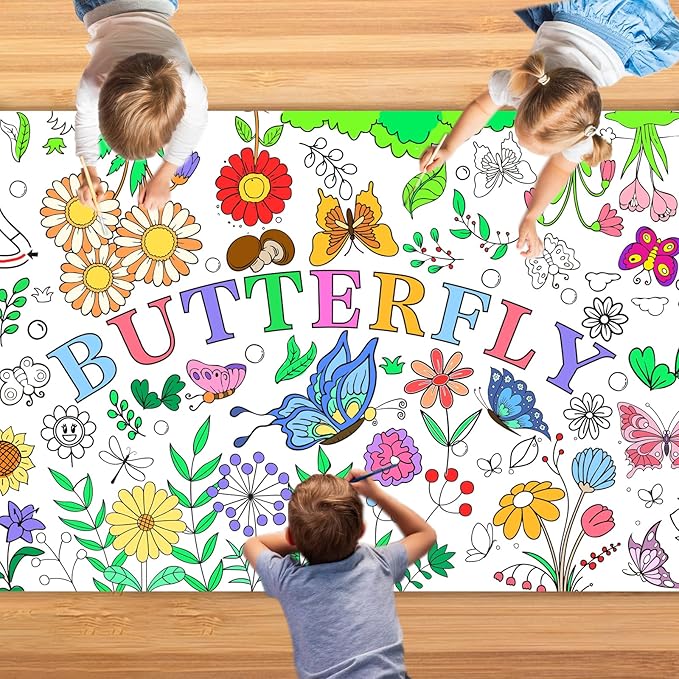 Spring Giant Coloring Poster for Kids 30x72 Inch Large Butterfly Fairy Party Flower Drawing Paper Coloring Tablecloth DIY Art Crafts Mat for Kids Birthday Themed Activity Wall Home Classroom Suppiles