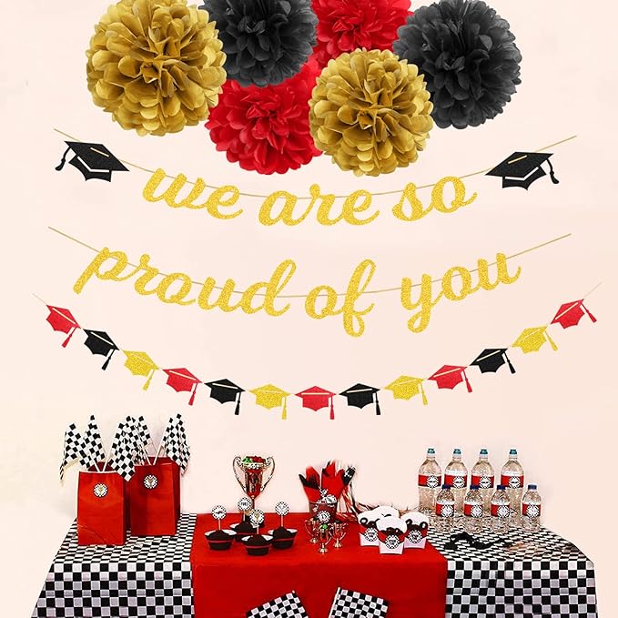 Red Black-Gold Party-Decoration Graduation Banner - 8pcs Kits Cap Garland Streamers, Paper Tissue Pom Poms Flowers,We are So Proud of You Congratulations Grad 2025 Decor Lasting Surprise