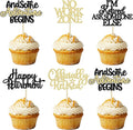 Gyufise 30Pcs Happy Retirement Cupcake Toppers Officially Retired Cupcake Picks No Work Zone Adventure Begins Cake Decorations for Retirement Theme Farewell Birthday Party Supplies Black Gold