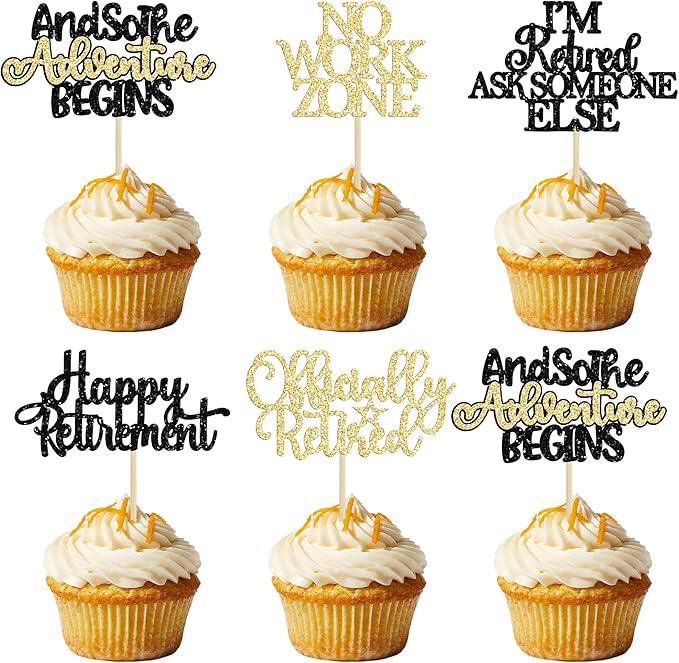 Gyufise 30Pcs Happy Retirement Cupcake Toppers Officially Retired Cupcake Picks No Work Zone Adventure Begins Cake Decorations for Retirement Theme Farewell Birthday Party Supplies Black Gold