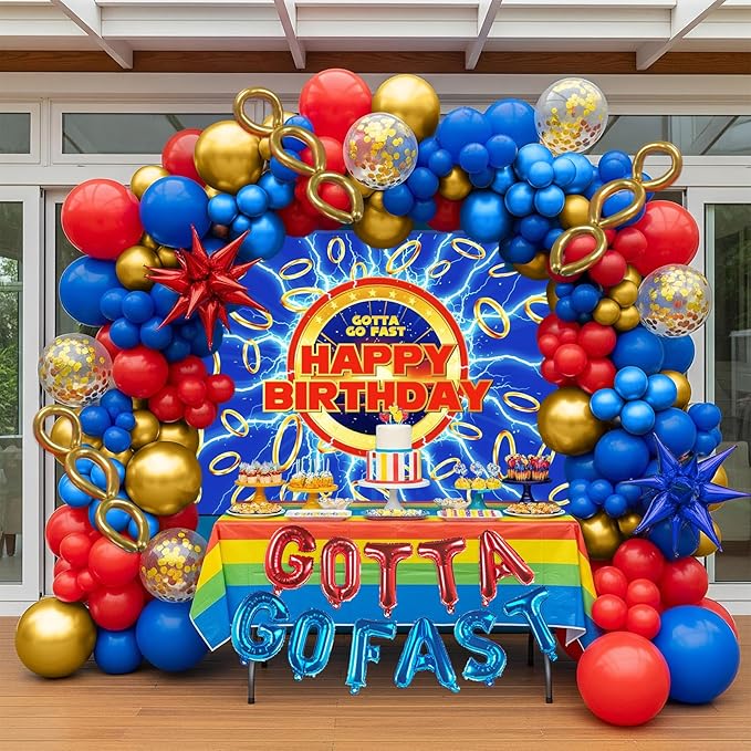Red Blue Gold Hedgehog Birthday Party Decorations with small balloon arches gotta go fast Letter Star foil balloons backdrop for video game Cartoon Movies Super hero themed birthday party decor