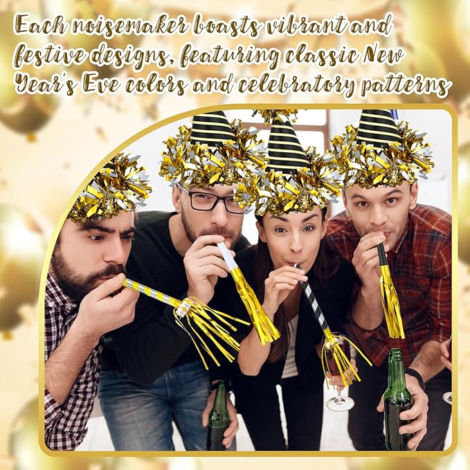 Lenwen 36 Pcs 2026 New Years Eve Party Supplies Including 12 New Year Cone Hats 24 Noise Makers Horns Blowouts Tassel Squawkers Blowers for Eve Party Decoration
