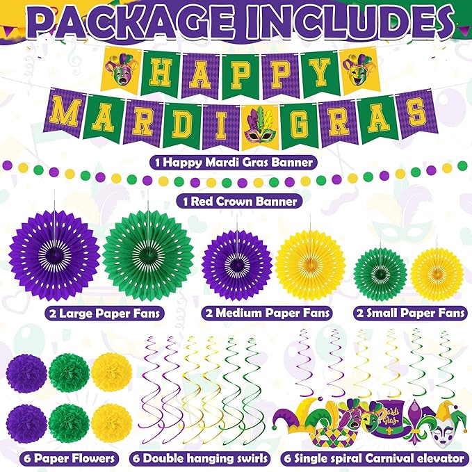 25PCS Mardi Gras Decorations, Mardi Gras Party Favors Decor Kit with Paper POMPOM, Happy Carnival Paper Fans Banner Felt Garland, Crown Hanging Swirls for Carnival Party Parade Accessories