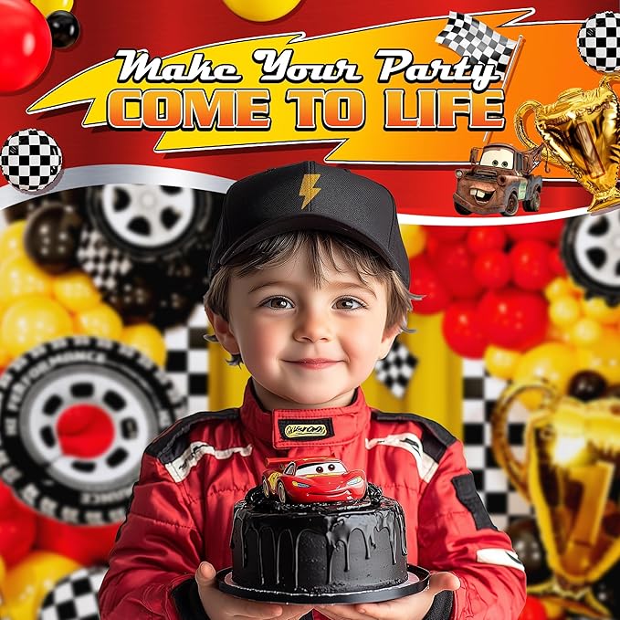 ALL-IN-1 Race Car Balloon Arch Kit & Garland with BONUS Trophy & Number 2 - Race Cars Balloons for Lightning McQueen Race Car Birthday Party Supplies & Boy Cars Theme Birthday Party Decorations