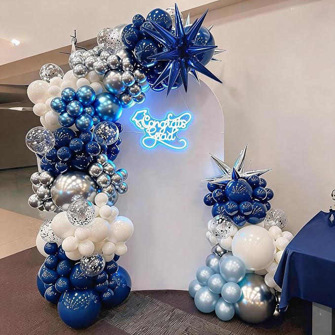 Blue White Silver Balloons Garland Arch Kit, 105Pcs Navy Metallic Blue Silver White Confetti Balloon with Explosion Star Foil Balloon for Birthday Graduation Wedding Fathers Day Retirement Party Decor