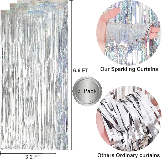 3 Pack Foil Curtain Backdrop 3.3x6.6 ft Tinsel Fringe Curtains for Parties Metallic Streamers Photo Booth Props,Wedding & Birthday,Holiday Decorations Disco,Bachelorette,Door Hanging Decor (Silver)