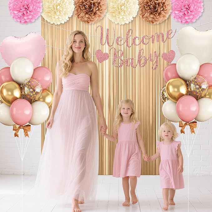 Dusty Pink Baby Shower Decorations for Girl,Welcome Baby Banner with Sand White Retro Pink Balloons Fringe Curtains Paper Pom Poms for Boho Baby Shower Gender Reveal Party Supplies