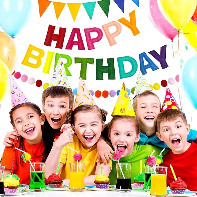 CANREVEL Pre-Strung 3D Rainbow Happy Birthday Banner, 3 PCS Happy Birthday Felt Sign, Pom Pom Garland, Triangle Fabric Bunting, Colorful Reusable Birthday Decorations for Women Men Girls Boys, Multi
